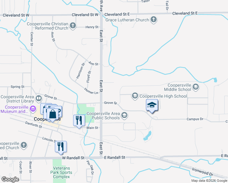 map of restaurants, bars, coffee shops, grocery stores, and more near 368 East Street in Coopersville