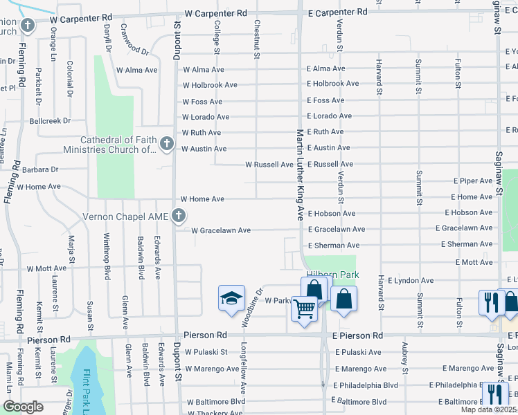map of restaurants, bars, coffee shops, grocery stores, and more near 309 West Home Avenue in Flint