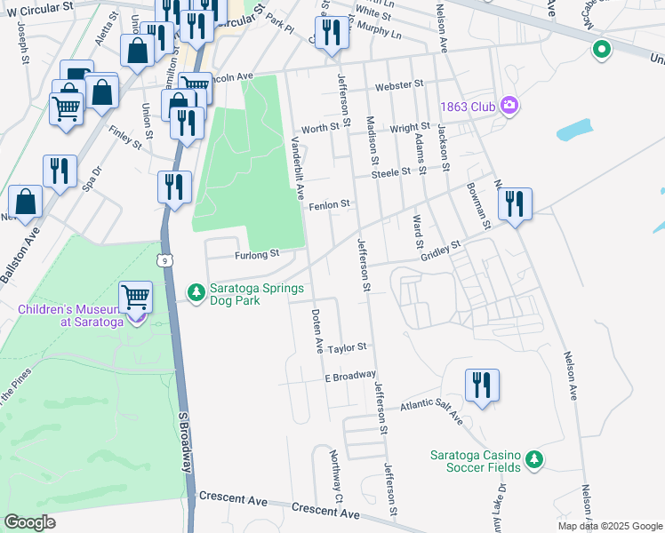 map of restaurants, bars, coffee shops, grocery stores, and more near 82 Crescent Street in Saratoga Springs