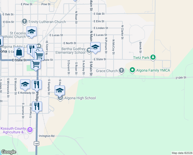 map of restaurants, bars, coffee shops, grocery stores, and more near 1666 210th Street in Algona