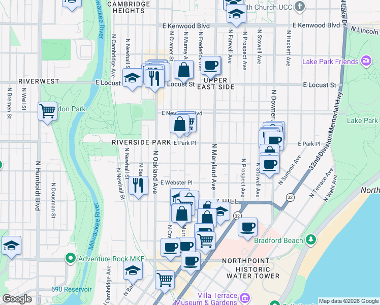 map of restaurants, bars, coffee shops, grocery stores, and more near 2630 North Murray Avenue in Milwaukee
