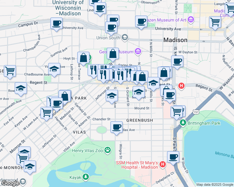 map of restaurants, bars, coffee shops, grocery stores, and more near 29 South Randall Avenue in Madison