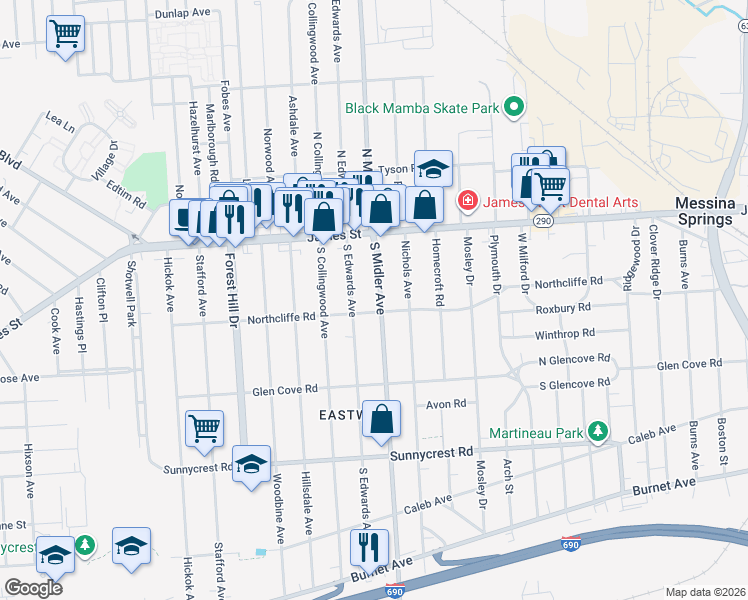 map of restaurants, bars, coffee shops, grocery stores, and more near 703 Northcliffe Road in Syracuse