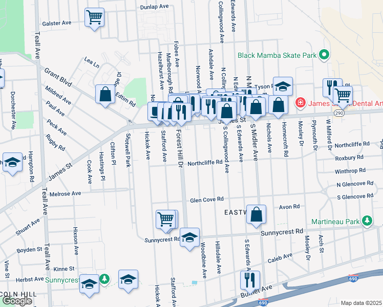 map of restaurants, bars, coffee shops, grocery stores, and more near 176 Woodbine Avenue in Syracuse