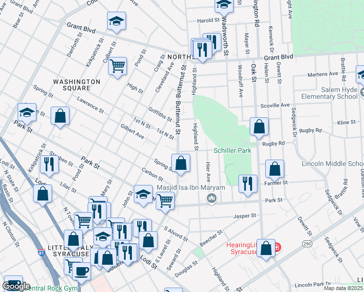 map of restaurants, bars, coffee shops, grocery stores, and more near 105 Knaul Street in Syracuse