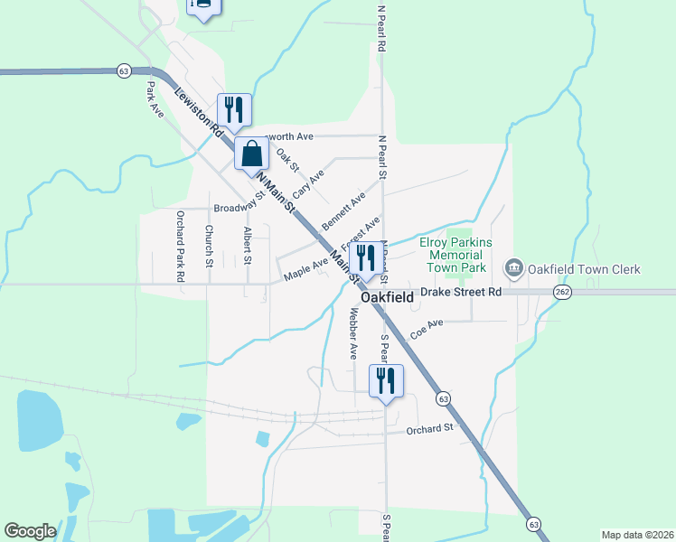 map of restaurants, bars, coffee shops, grocery stores, and more near 21 Main Street in Oakfield