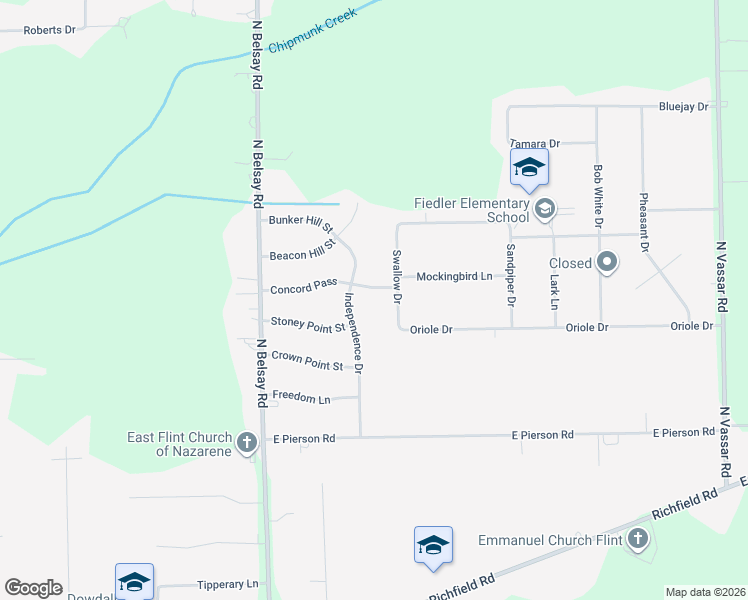 map of restaurants, bars, coffee shops, grocery stores, and more near 6132 Concord Pass in Flint
