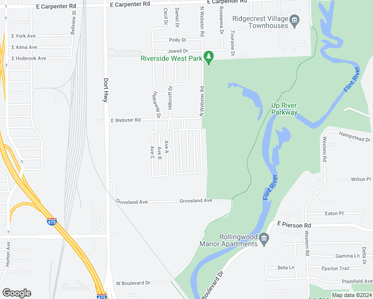 map of restaurants, bars, coffee shops, grocery stores, and more near 1806 East Webster Road in Flint