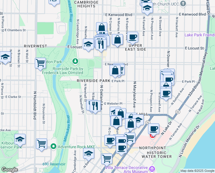 map of restaurants, bars, coffee shops, grocery stores, and more near 1904 East Belleview Place in Milwaukee