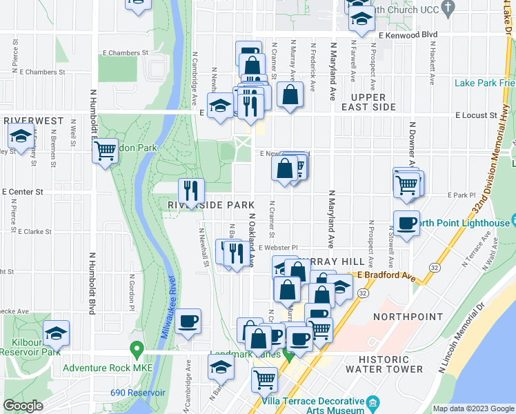 map of restaurants, bars, coffee shops, grocery stores, and more near 2603 North Oakland Avenue in Milwaukee