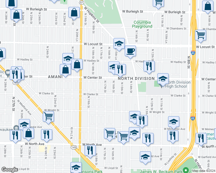 map of restaurants, bars, coffee shops, grocery stores, and more near 2627 North 16th Street in Milwaukee