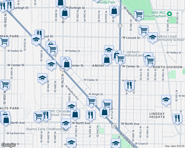 map of restaurants, bars, coffee shops, grocery stores, and more near 2618 North 24th Street in Milwaukee