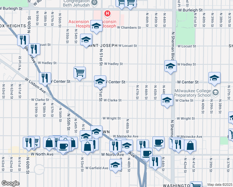 map of restaurants, bars, coffee shops, grocery stores, and more near in Wauwatosa
