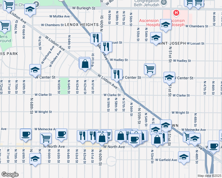 map of restaurants, bars, coffee shops, grocery stores, and more near 2613 North 58th Street in Milwaukee