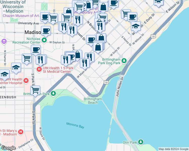 map of restaurants, bars, coffee shops, grocery stores, and more near in Madison