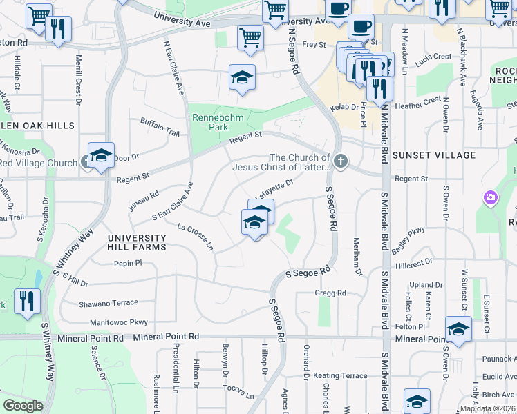 map of restaurants, bars, coffee shops, grocery stores, and more near 4729 Waukesha Street in Madison