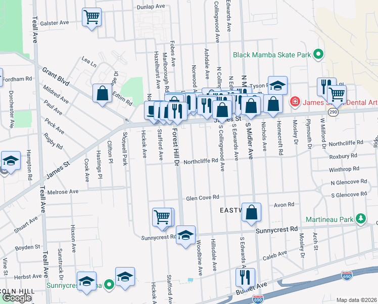 map of restaurants, bars, coffee shops, grocery stores, and more near 164 Woodbine Avenue in Syracuse