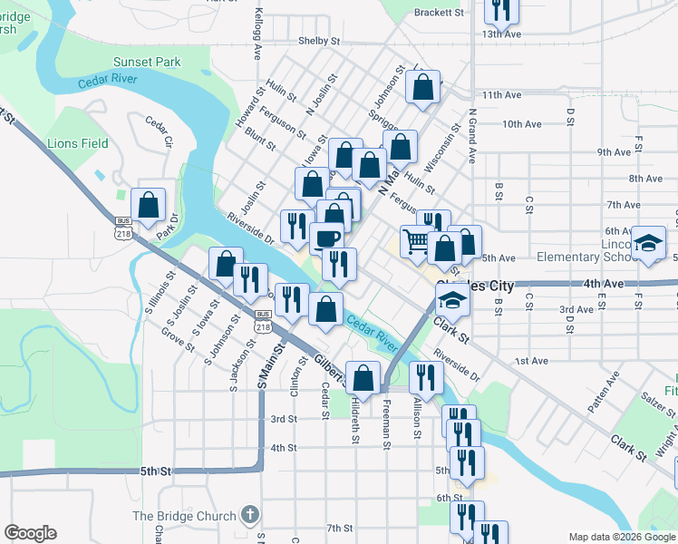 map of restaurants, bars, coffee shops, grocery stores, and more near 100 North Main Street in Charles City