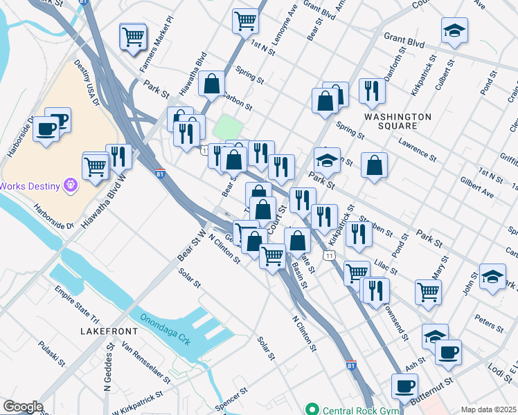 map of restaurants, bars, coffee shops, grocery stores, and more near 2418 Lodi Street in Syracuse