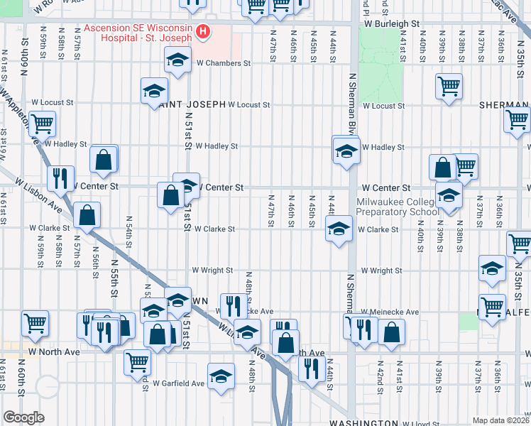 map of restaurants, bars, coffee shops, grocery stores, and more near 2614 North 48th Street in Milwaukee