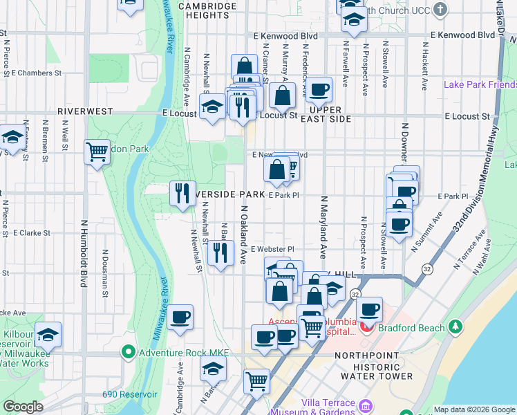 map of restaurants, bars, coffee shops, grocery stores, and more near 2631 North Cramer Street in Milwaukee