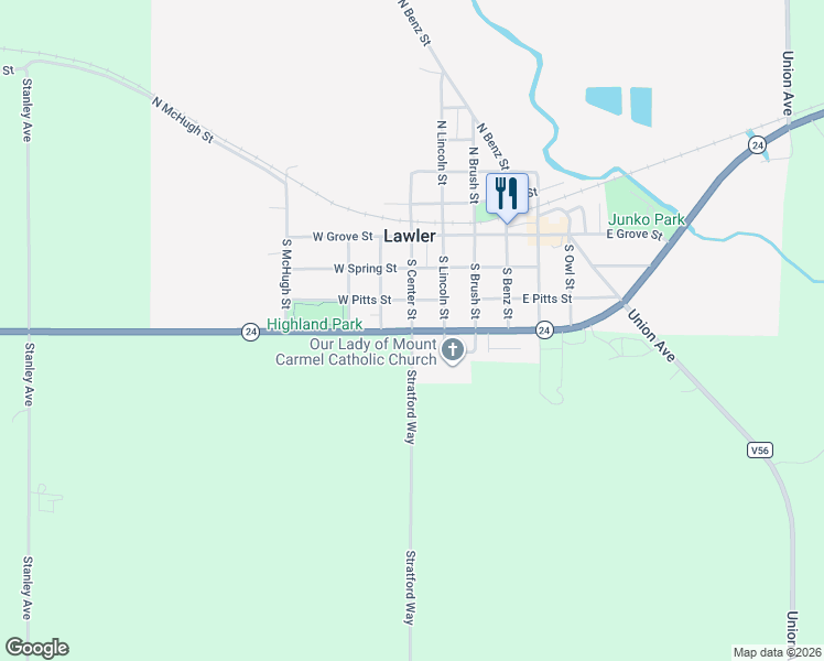 map of restaurants, bars, coffee shops, grocery stores, and more near 400 Stratford Way in Lawler