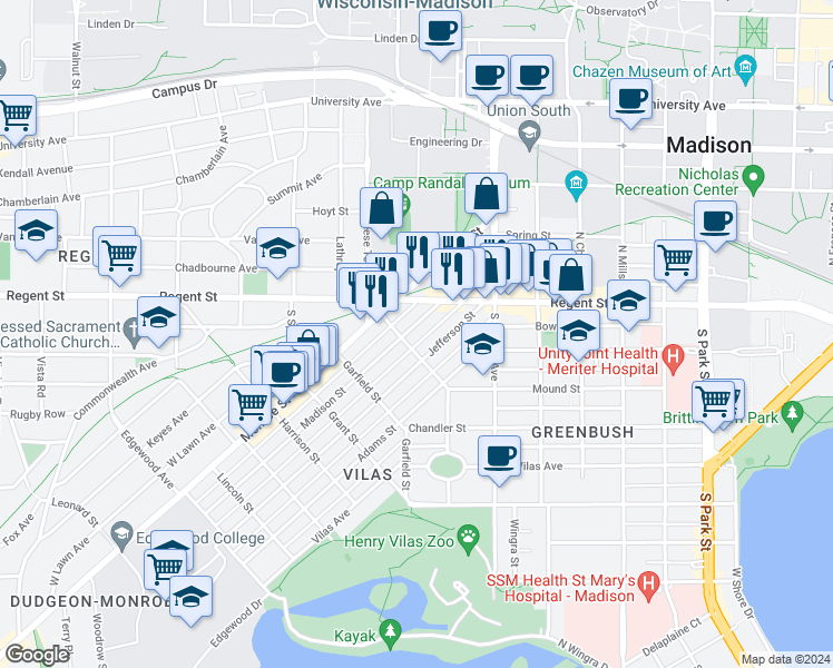 map of restaurants, bars, coffee shops, grocery stores, and more near 1529 Madison Street in Madison