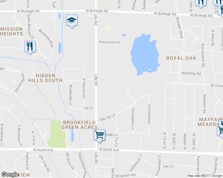 map of restaurants, bars, coffee shops, grocery stores, and more near 2660 Lilly Road in Brookfield