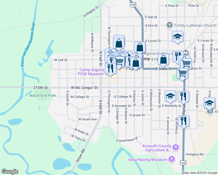 map of restaurants, bars, coffee shops, grocery stores, and more near 301 South Thorington Street in Algona