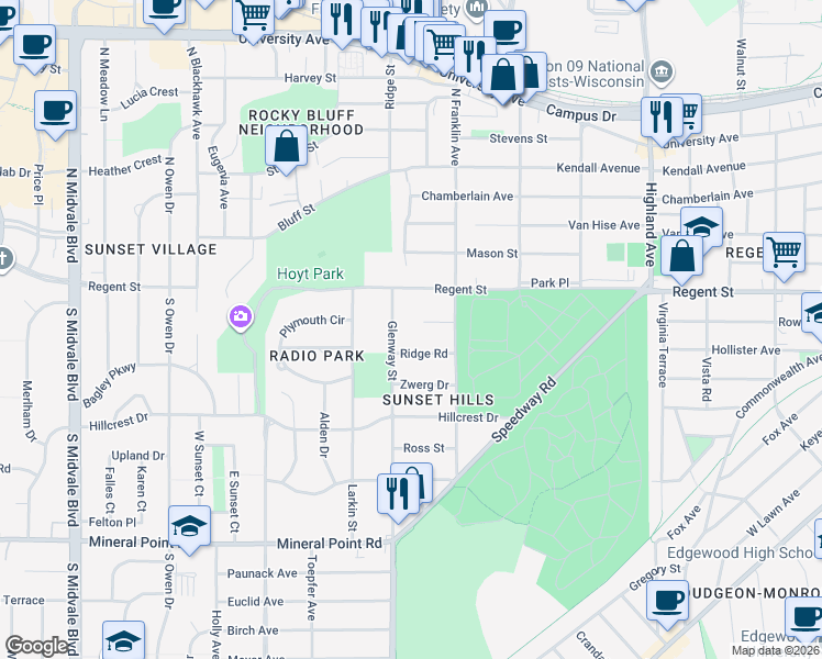 map of restaurants, bars, coffee shops, grocery stores, and more near 2814 Ridge Road in Madison