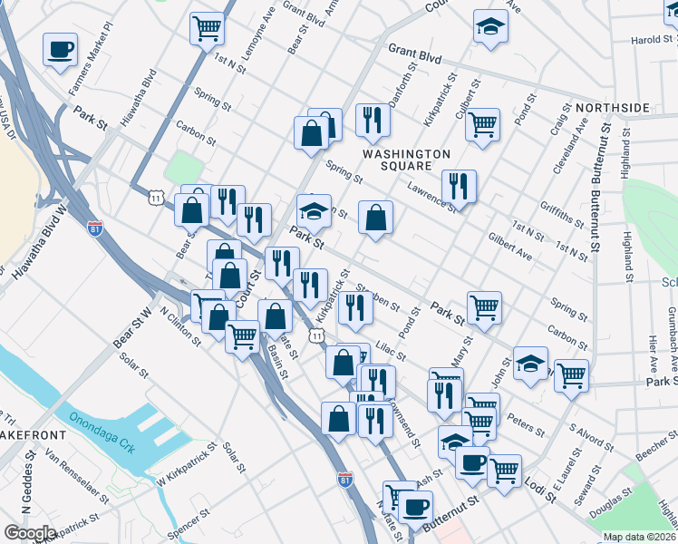 map of restaurants, bars, coffee shops, grocery stores, and more near 417 Kirkpatrick Street in Syracuse