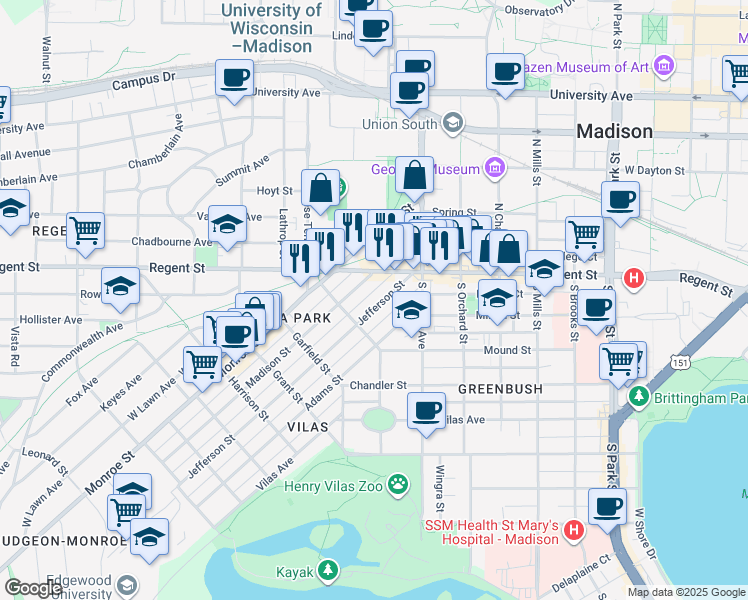map of restaurants, bars, coffee shops, grocery stores, and more near 1532 Jefferson Street in Madison