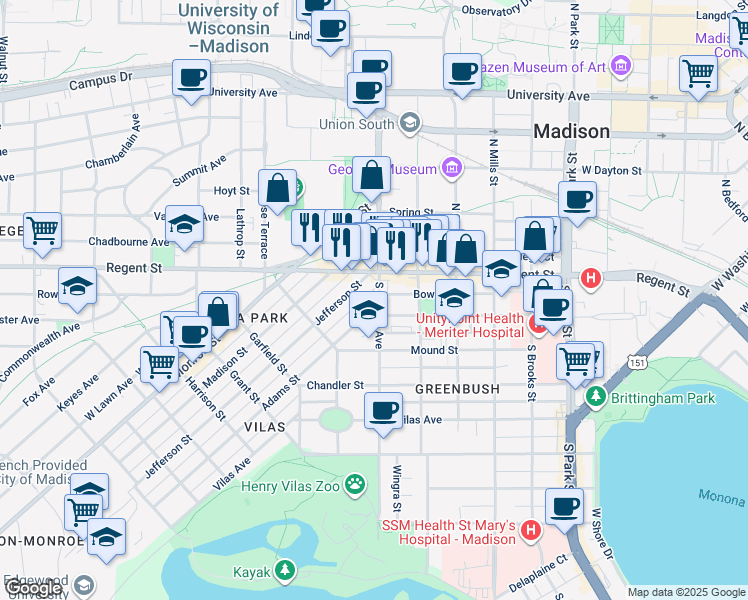 map of restaurants, bars, coffee shops, grocery stores, and more near 1502 Adams Street in Madison