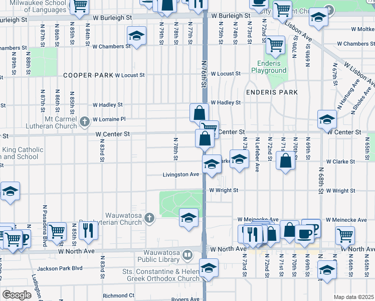 map of restaurants, bars, coffee shops, grocery stores, and more near 7705 Eagle Street in Wauwatosa