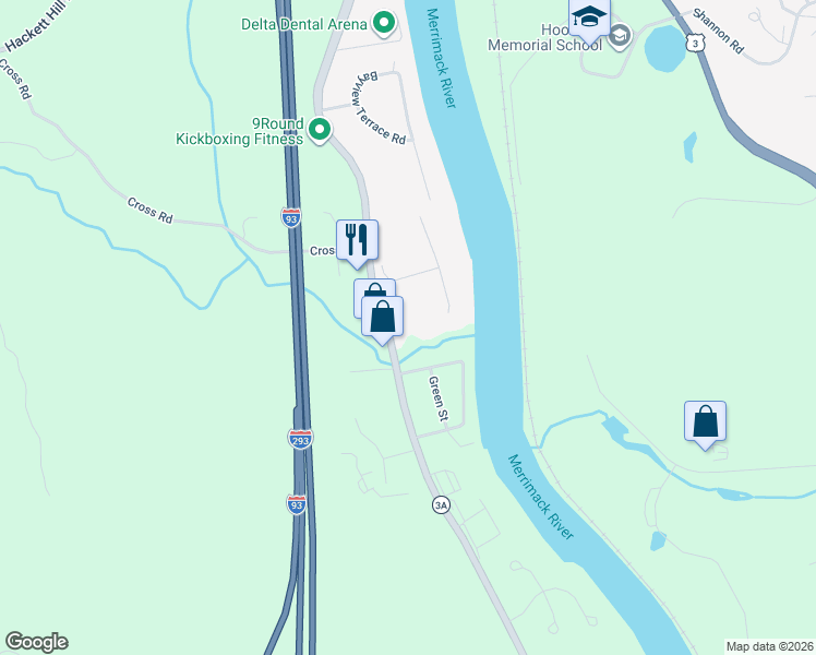 map of restaurants, bars, coffee shops, grocery stores, and more near 247 West River Road in Hooksett