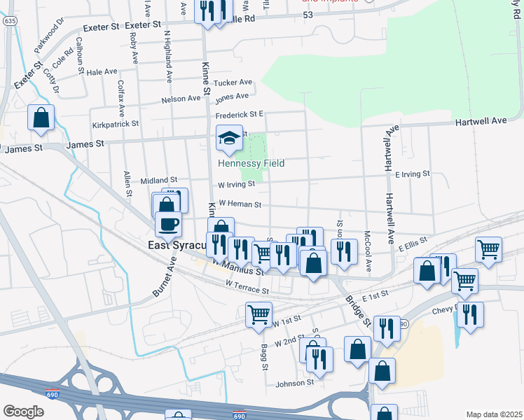 map of restaurants, bars, coffee shops, grocery stores, and more near 206 East Yates Street in East Syracuse