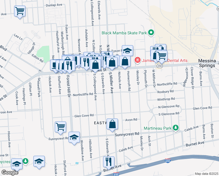 map of restaurants, bars, coffee shops, grocery stores, and more near 703 Northcliffe Road in Syracuse