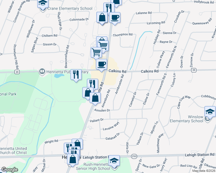 map of restaurants, bars, coffee shops, grocery stores, and more near 26 Amesbury Road in Rochester