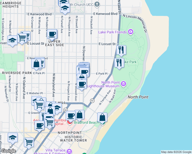 map of restaurants, bars, coffee shops, grocery stores, and more near 2651 North Summit Avenue in Milwaukee