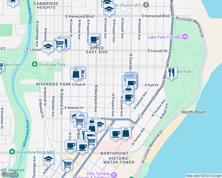map of restaurants, bars, coffee shops, grocery stores, and more near 2614 North Prospect Avenue in Milwaukee