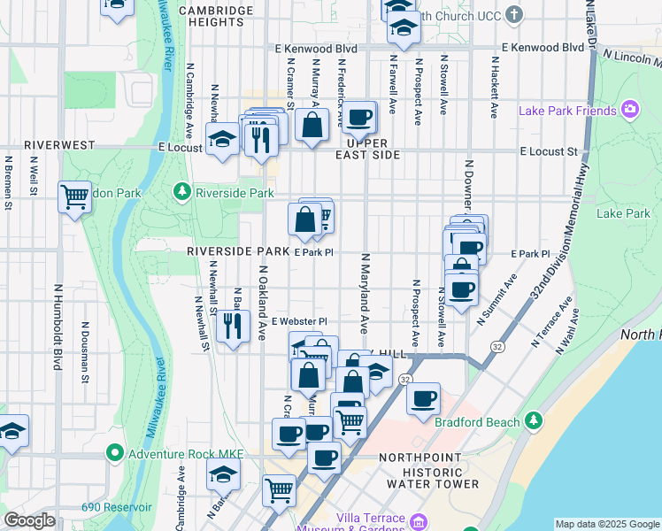 map of restaurants, bars, coffee shops, grocery stores, and more near 2612 North Murray Avenue in Milwaukee