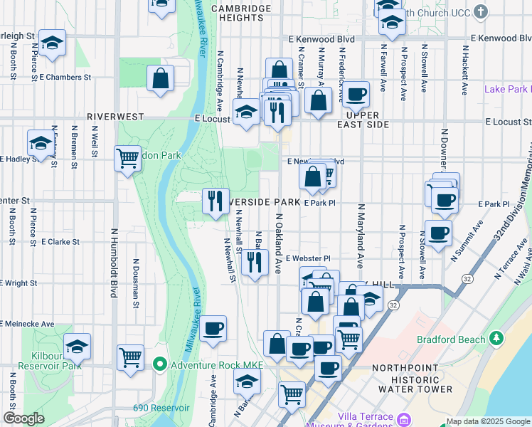 map of restaurants, bars, coffee shops, grocery stores, and more near 2613 North Bartlett Avenue in Milwaukee