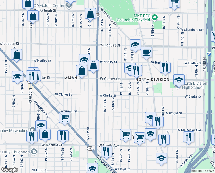 map of restaurants, bars, coffee shops, grocery stores, and more near 2624 North 19th Street in Milwaukee