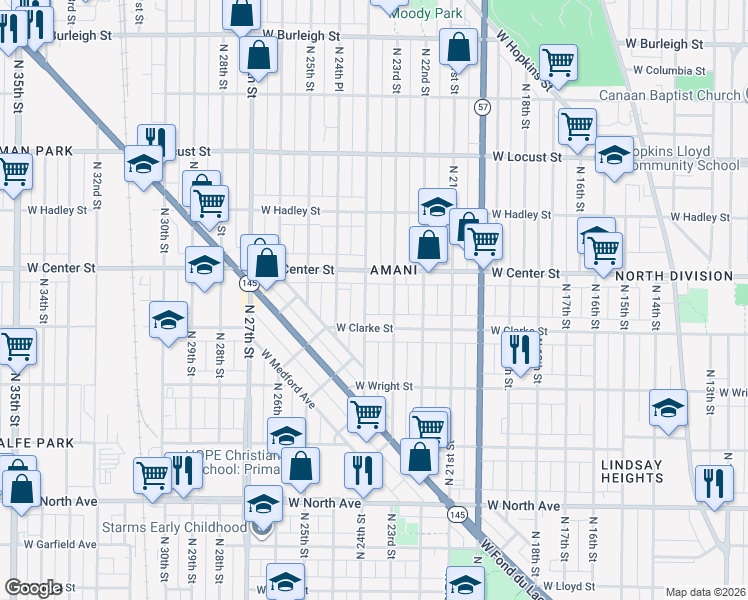 map of restaurants, bars, coffee shops, grocery stores, and more near 2618 North 24th Street in Milwaukee