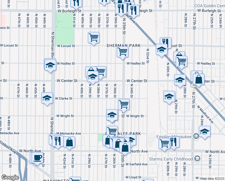 map of restaurants, bars, coffee shops, grocery stores, and more near 2616 North 36th Street in Milwaukee
