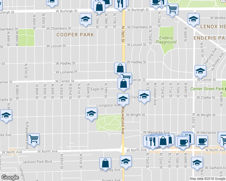 map of restaurants, bars, coffee shops, grocery stores, and more near 7724 West Clarke Street in Wauwatosa