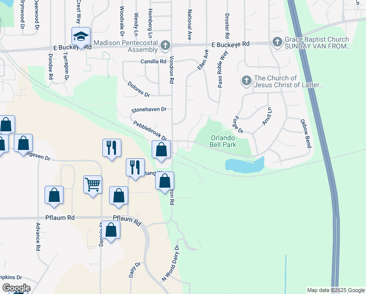 map of restaurants, bars, coffee shops, grocery stores, and more near 2289 South Thompson Drive in Madison