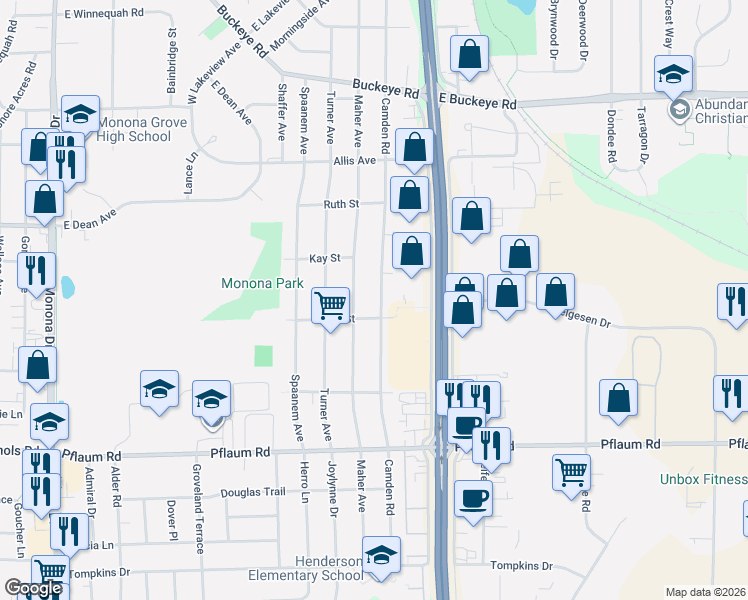 map of restaurants, bars, coffee shops, grocery stores, and more near 5105 Camden Road in Madison
