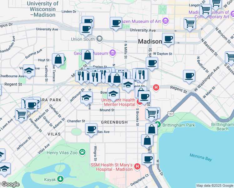 map of restaurants, bars, coffee shops, grocery stores, and more near 1132 Milton Street in Madison