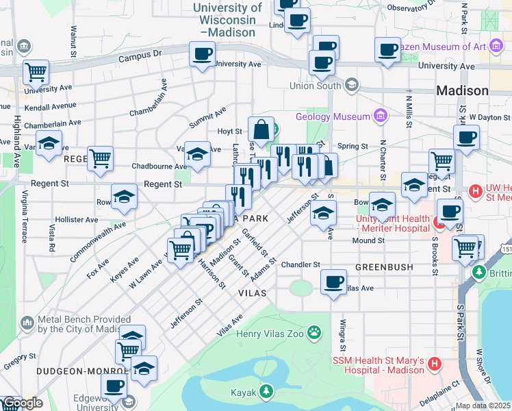 map of restaurants, bars, coffee shops, grocery stores, and more near 1610 Madison Street in Madison